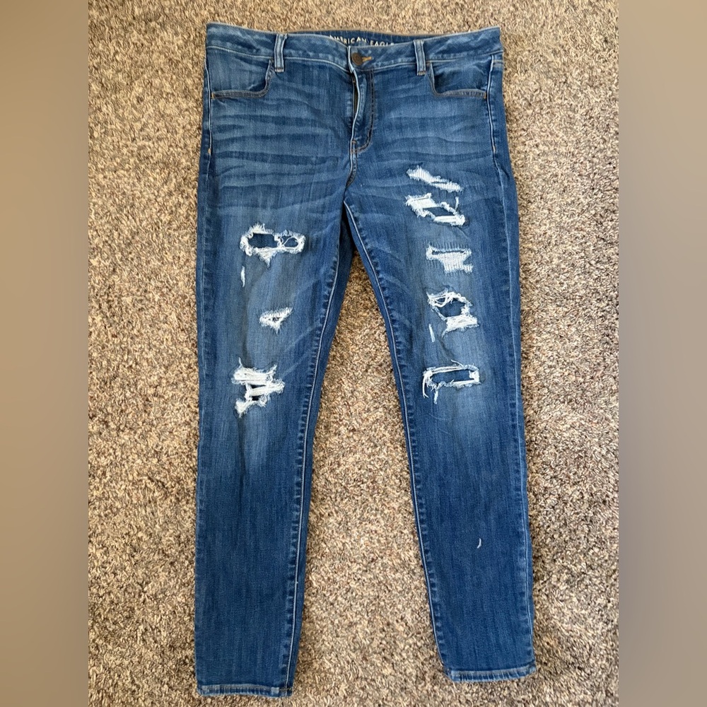 Women American Eagle Blue Stretch Denim Jeans Waistband Detail. 18 long